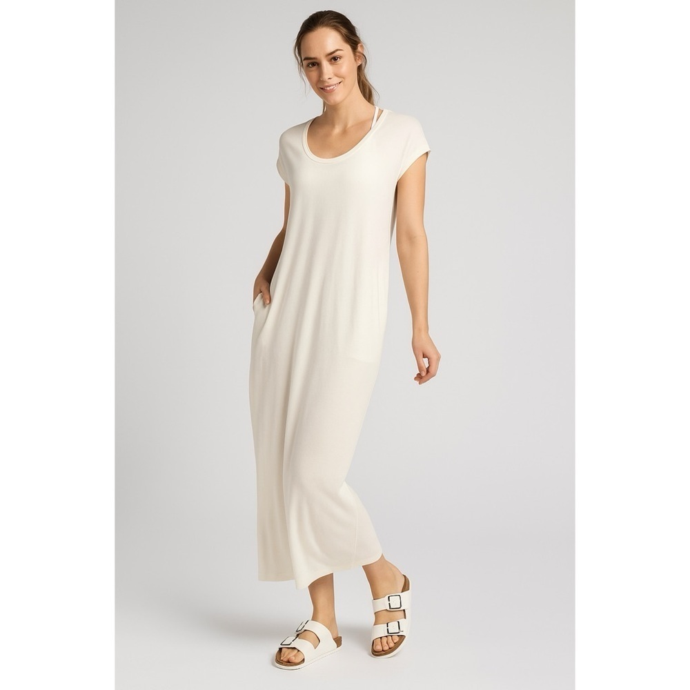 Athleta Womens Maxi Dress Small Cream Modal Blend Short Sleeve Oversized Fit